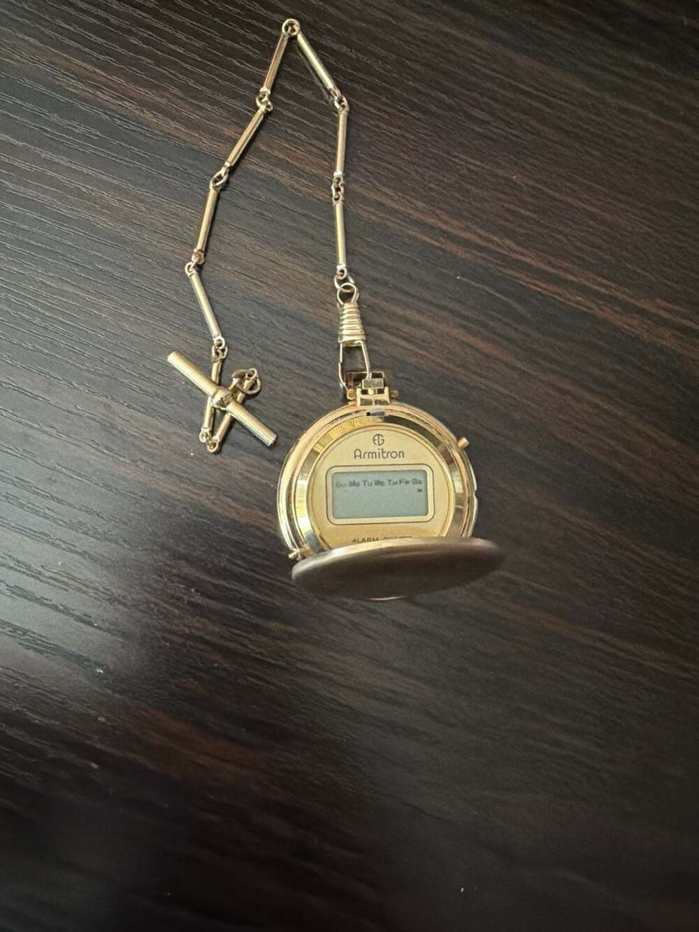 Vintage Armitron Gold Tone Digital Alarm Quartz Pocket Watch with T-Bar Chain